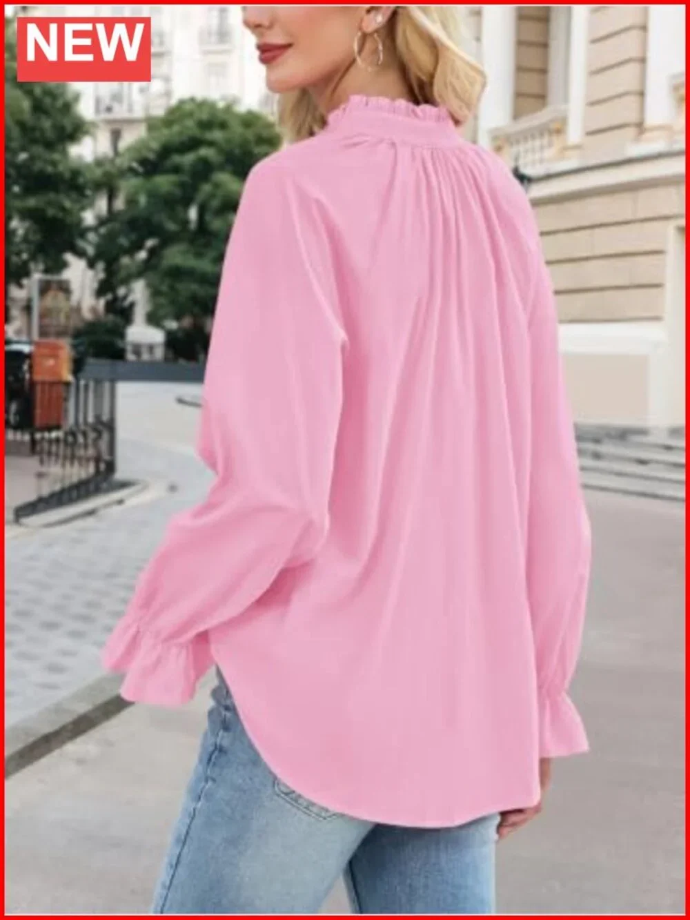 Womens Button Down Long Sleeve Blouse Stand Collar Ruffle Puff Sleeve Top